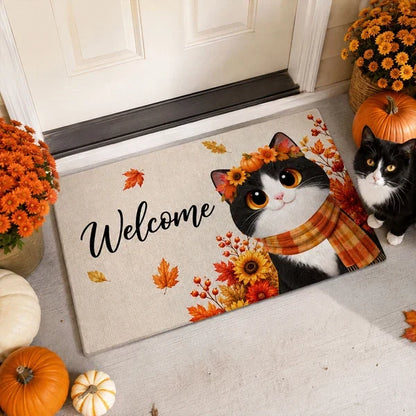 Personalized Standard Doormat, Scarf-Wearing Cats on an Autumn Porch, Creative Housewarming Gift for Cat Lovers