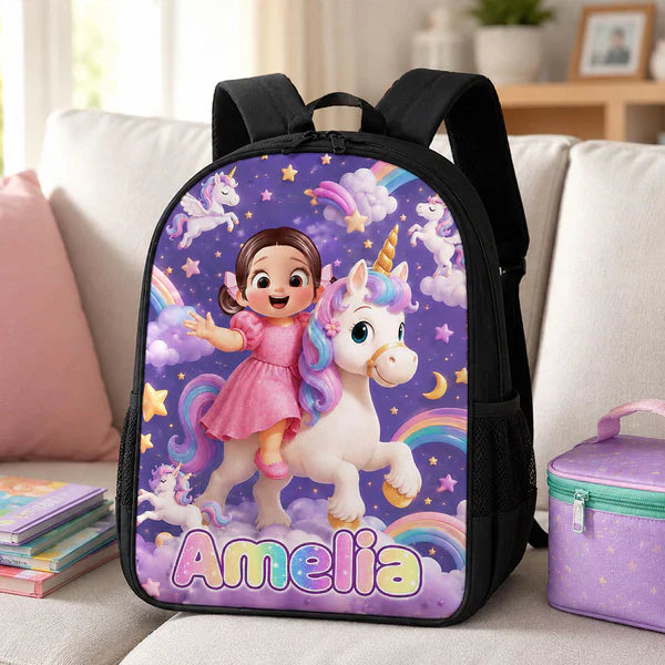 Personalized Kids School Backpack, Girl Riding Unicorn Design, Unique Back to School Gift for Daughter