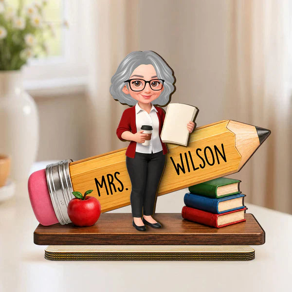 Personalized 2-Layer Wooden Plaque, Standing Teacher Pencil Design, Unique Gift for Classroom Desk