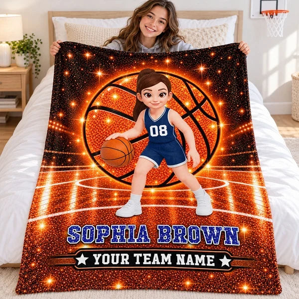 Personalized Fleece Blanket, Cartoon Basketball Girl Dribbling on Sparkling Court, Unique Gift for Daughter