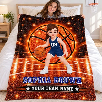 Personalized Fleece Blanket, Cartoon Basketball Girl Dribbling on Sparkling Court, Unique Gift for Daughter
