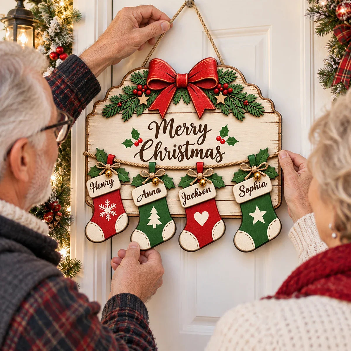 Personalized Wooden Sign with Family Stockings, Rustic Christmas Decor, Unique Gift for Grandparents