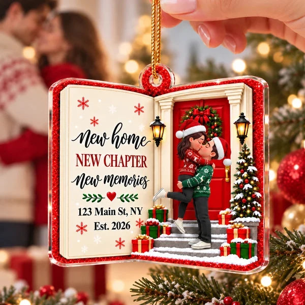 Personalized Acrylic Ornament, New Home Christmas Keepsake with Kissing Couple, Unique Housewarming Gift