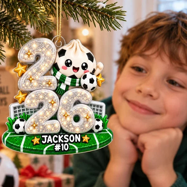 Personalized Acrylic Ornament, Smiling Soccer Dumpling on a Green Field, Creative Christmas Gift for Young Players
