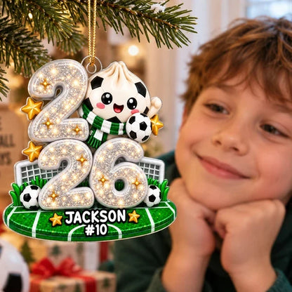 Personalized Acrylic Ornament, Smiling Soccer Dumpling on a Green Field, Creative Christmas Gift for Young Players