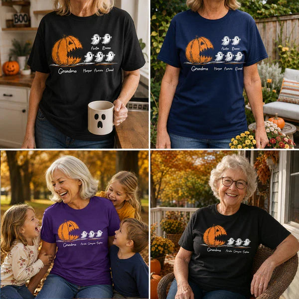 Personalized Grandma Classic Tee, Pumpkin Chasing Ghosts, Unique Halloween Gift for Family