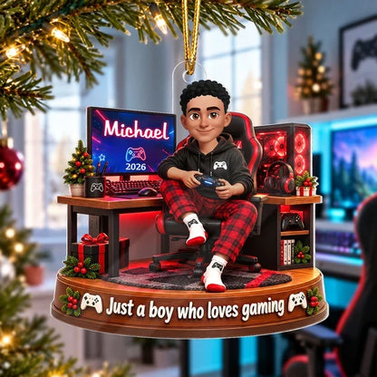 Personalized Acrylic Ornament, Red and Black Cartoon Boy Gaming at Desk, Unique Christmas Gift for Son