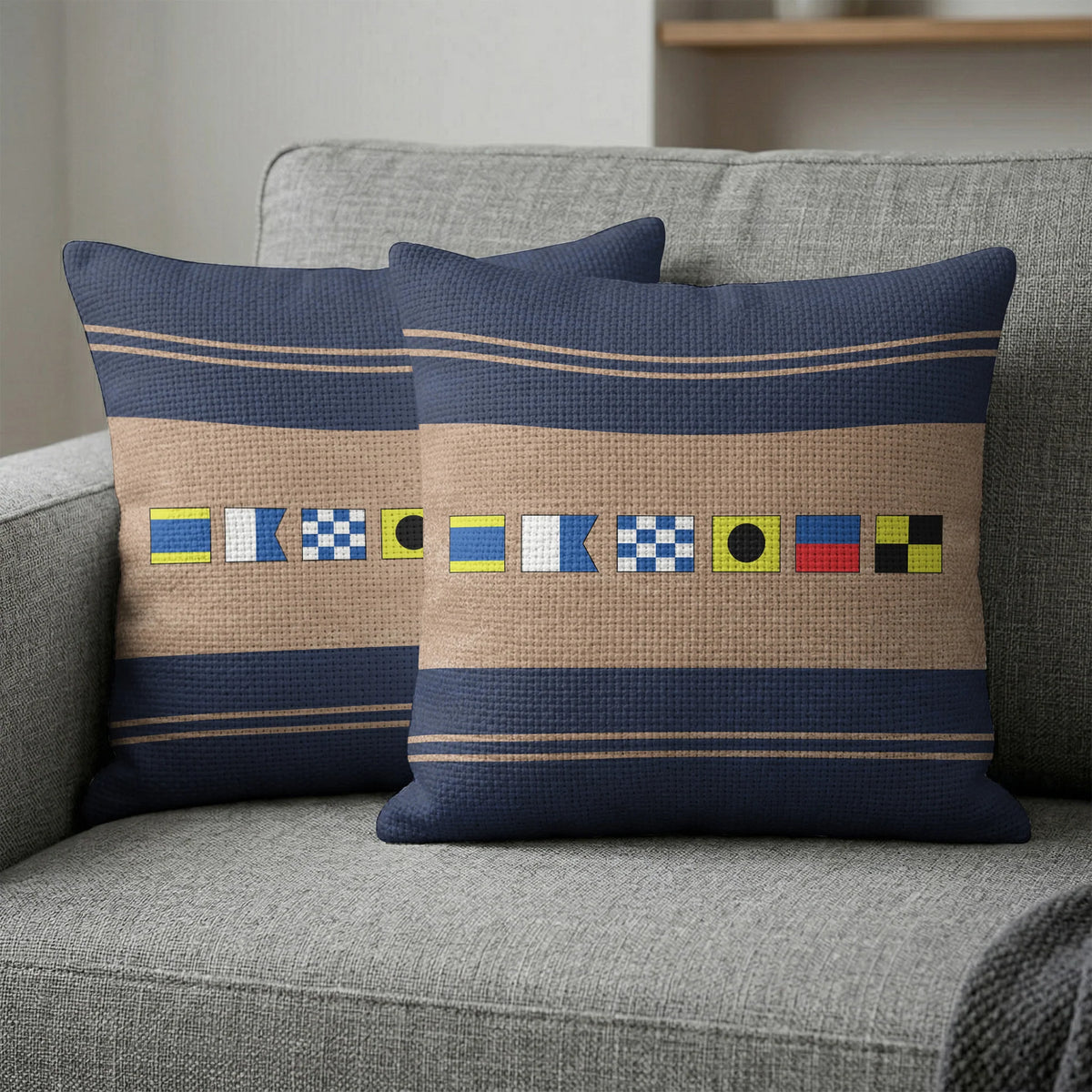 Personalized Nautical Signal Flags Rectangular Pillow, Coastal Navy Sofa Accent, Unique Gift for Home Decor Lovers