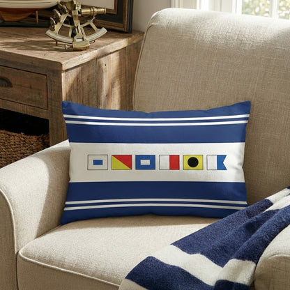 Navy Coastal Rectangular Pillow with Personalized Nautical Flags, Cozy Couch or Bed Decor, Meaningful Unique Gift