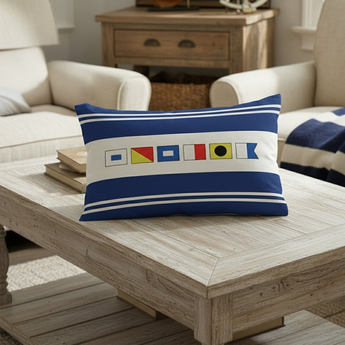 Navy Coastal Rectangular Pillow with Personalized Nautical Flags, Cozy Couch or Bed Decor, Meaningful Unique Gift