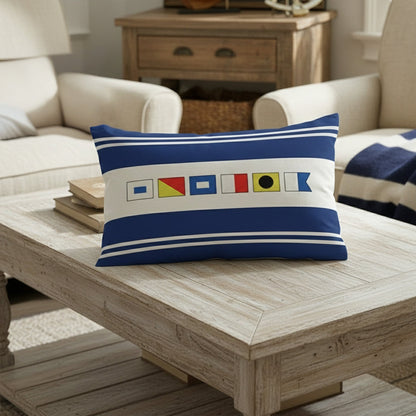 Navy Coastal Rectangular Pillow with Personalized Nautical Flags, Cozy Couch or Bed Decor, Meaningful Unique Gift