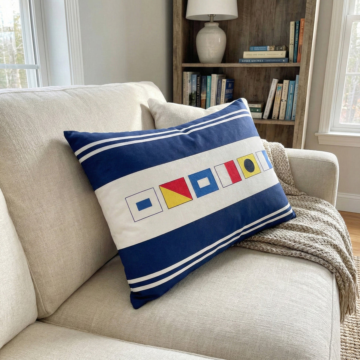 Navy Coastal Rectangular Pillow with Personalized Nautical Flags, Cozy Couch or Bed Decor, Meaningful Unique Gift