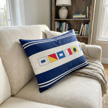 Navy Coastal Rectangular Pillow with Personalized Nautical Flags, Cozy Couch or Bed Decor, Meaningful Unique Gift