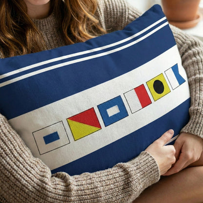 Navy Coastal Rectangular Pillow with Personalized Nautical Flags, Cozy Couch or Bed Decor, Meaningful Unique Gift