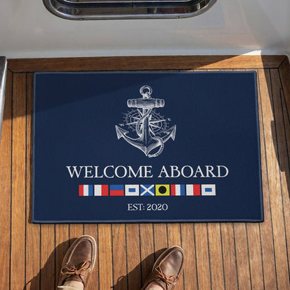Navy Anchor Welcome Aboard Premium Doormat, Personalized for a Cozy Front Door Moment - Creative Gift