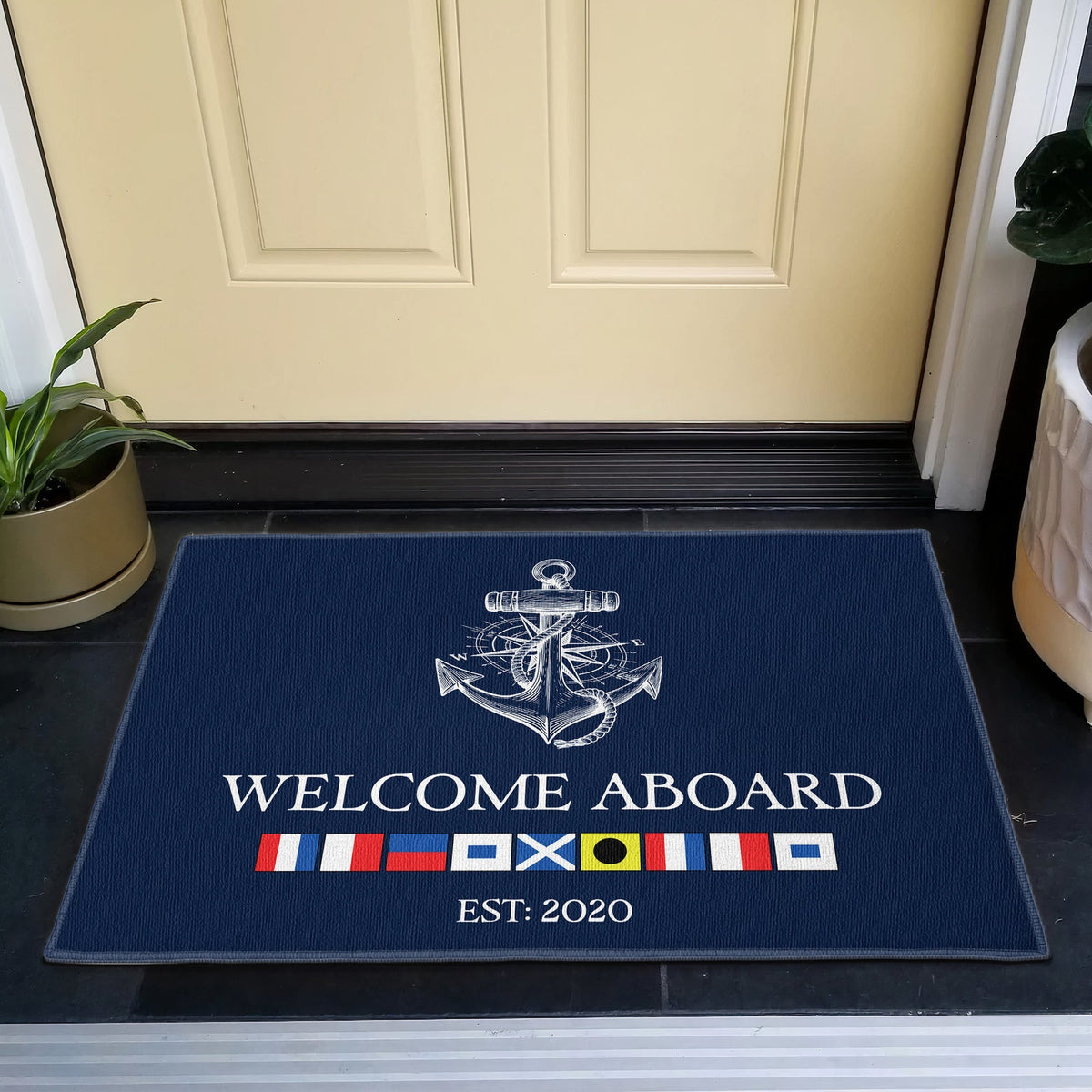 Navy Anchor Welcome Aboard Premium Doormat, Personalized for a Cozy Front Door Moment - Creative Gift