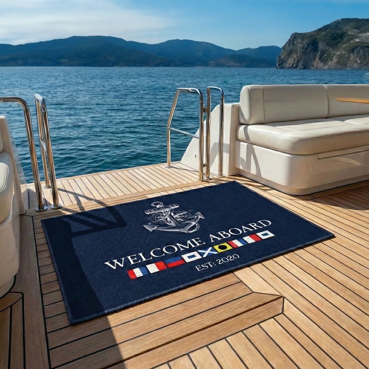 Navy Anchor Welcome Aboard Premium Doormat, Personalized for a Cozy Front Door Moment - Creative Gift