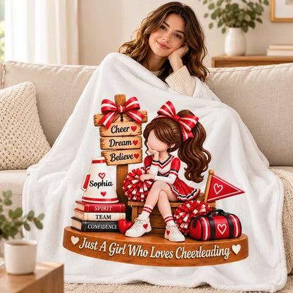 Personalized Fleece Blanket with Sitting Cheerleader, Unique Gift for Daughter or Granddaughter