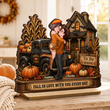Personalized 2-Layer Wooden Plaque, Fall Couple Hugging at Haunted House, Unique Gift for Couple