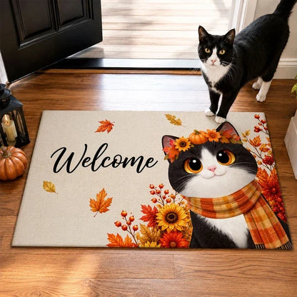 Personalized Standard Doormat, Scarf-Wearing Cats on an Autumn Porch, Creative Housewarming Gift for Cat Lovers