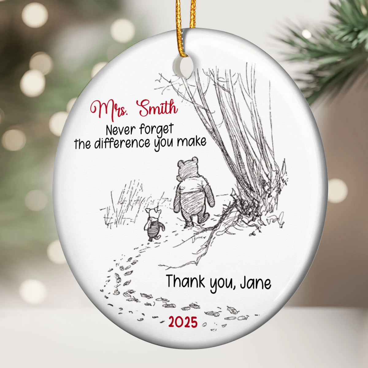 Custom Ceramic Ornament with Cute Walking Bear Illustration – Heartfelt Never Forget the Difference You Make Message – Sentimental Unique Gift for Someone Special