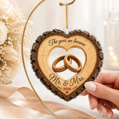 Personalized Acrylic Ornament, Heart Ring Wedding Keepsake, Unique Gift for Couple, Mr. & Mrs Holiday Decor