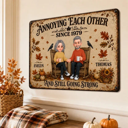 Personalized Rectangular Iron Sign, Retro Couple Holding Hands in Fall, Unique Anniversary Gift for Her or Him