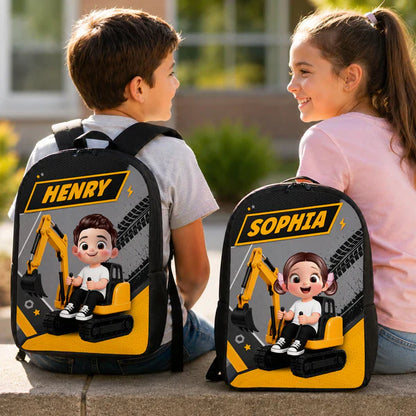Personalized Kids School Backpack, Cute Excavator Ride Design, Unique Gift for Kids & Grandkids
