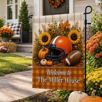 Personalized Garden Flag with Football Helmet, Pumpkins and Sunflowers, Unique Fall Gift for Family