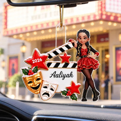 Personalized Acrylic Ornament, Theater Girl Leaning on Clapperboard, Unique Christmas Gift for Daughter