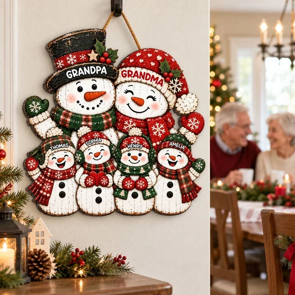 Personalized Wooden Sign, Festive Snowman Family Door Decor, Unique Christmas Gift for Grandparents