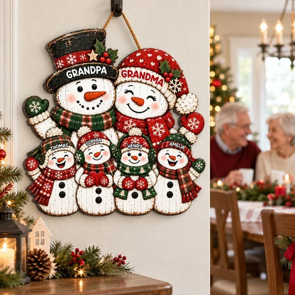 Personalized Wooden Sign, Festive Snowman Family Door Decor, Unique Christmas Gift for Grandparents