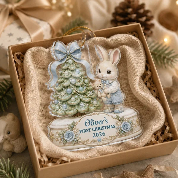 Personalized Acrylic Ornament, Bunny Holding a Teddy by a Christmas Tree, Unique Newborn Gift