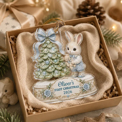 Personalized Acrylic Ornament, Bunny Holding a Teddy by a Christmas Tree, Unique Newborn Gift