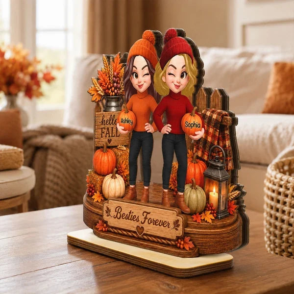 Personalized Wooden Plaque, Winking Besties Holding Pumpkins in a Cozy Fall Scene, Unique Gift for a Close Friend