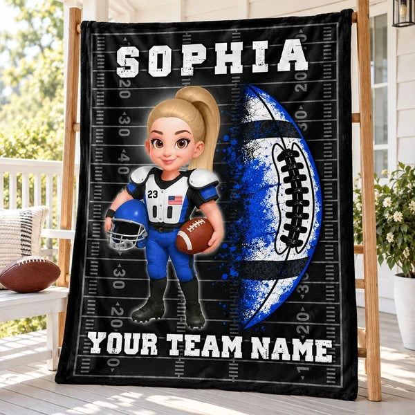 Personalized Fleece Blanket, Cartoon Football Player Holding a Ball, Unique Gift for Son or Grandson
