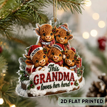 Personalized Acrylic Ornament, Grandma Loves Her Herd with Cuddling Cows in Festive Snow, Creative Gift for Grandma