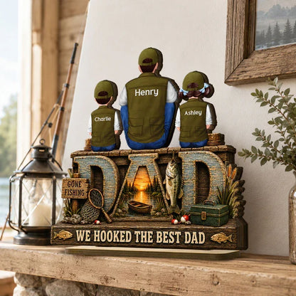 Personalized Layered Wooden Plaque For Fishing Dad, Family Sitting By The Lake, Unique Gift