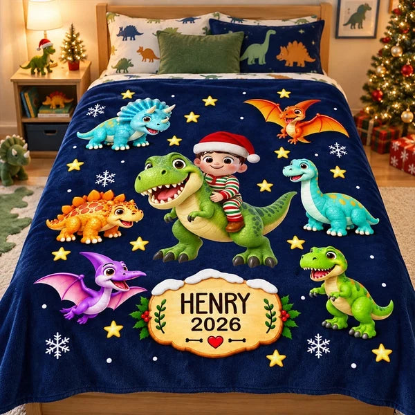 Personalized Dinosaur Fleece Blanket, Child Riding a Dinosaur in a Snowy Christmas Scene, Unique Gift for Kids