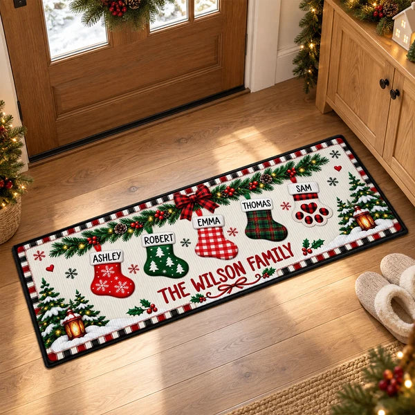 Personalized Premium Doormat with Plaid Christmas Stockings, Festive Entryway Decor, Unique Family Gift