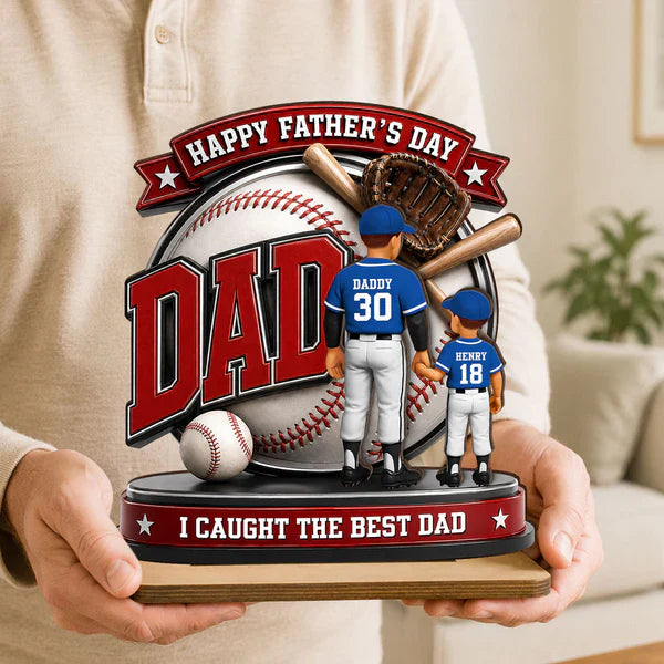 Personalized Baseball Dad 2-Layer Wooden Plaque, Holding Hands Scene, Unique Gift for Dad