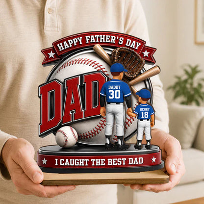 Personalized Baseball Dad 2-Layer Wooden Plaque, Holding Hands Scene, Unique Gift for Dad