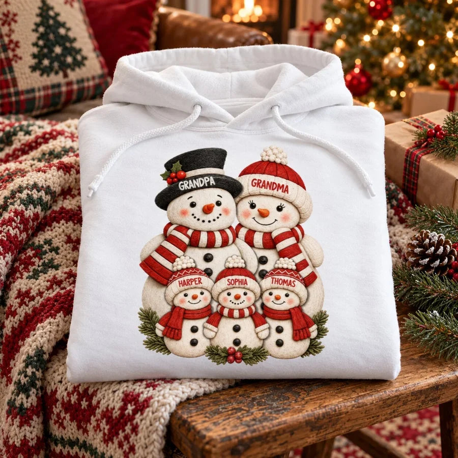 Personalized Square Pillow, Snowman Grandparents & Grandkids Gathered Together, Unique Christmas Gift for Grandparents