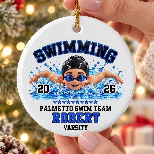 Personalized Swimming Ceramic Ornament, Colorful Swimmer in Action, Unique Christmas Gift for Son or Daughter