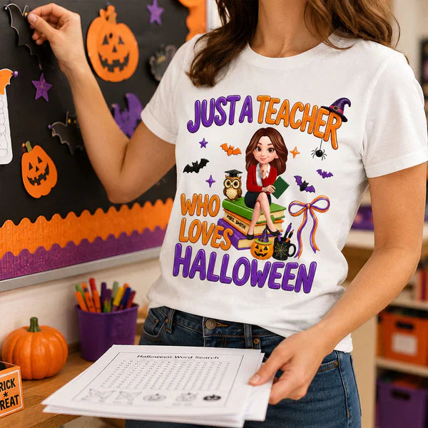 Personalized Classic Tee, Cartoon Teacher Sitting on Books, Unique Creative Halloween Gift for Teachers