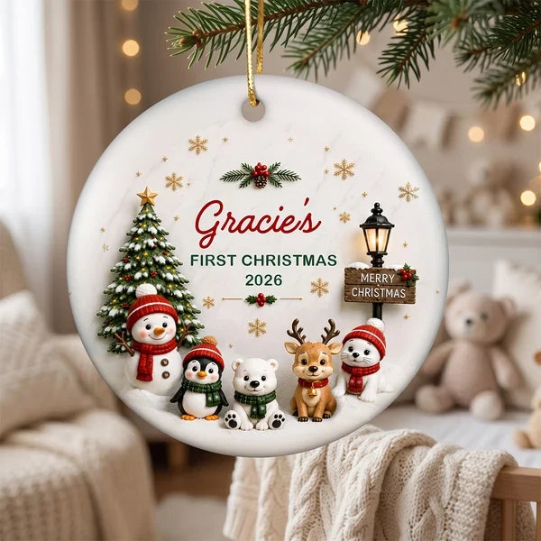 Personalized Ceramic Ornament, Cute Winter Friends Baby's First Christmas Keepsake, Unique Gift for New Parents