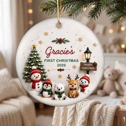 Personalized Ceramic Ornament, Cute Winter Friends Baby's First Christmas Keepsake, Unique Gift for New Parents