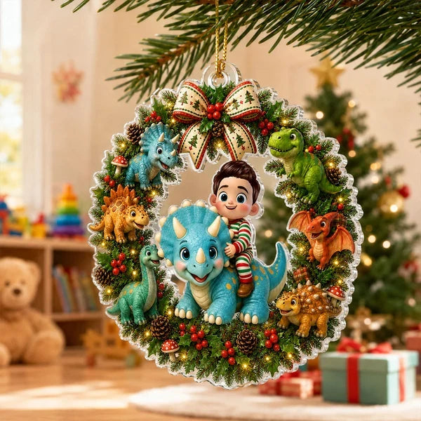 Personalized Acrylic Ornament, Smiling Child Riding a Dinosaur in a Christmas Wreath, Unique Gift for Kids
