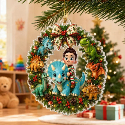 Personalized Acrylic Ornament, Smiling Child Riding a Dinosaur in a Christmas Wreath, Unique Gift for Kids