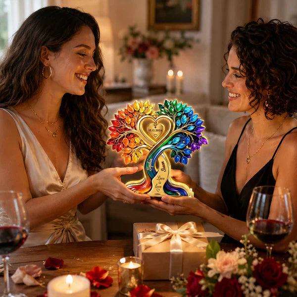 Personalized Acrylic Light Box, Rainbow Heart Tree, Unique Gift for LGBTQ Couple